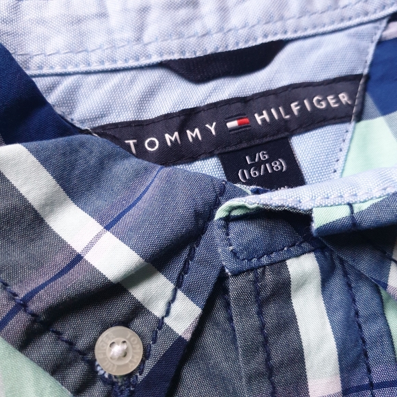Tommy Hilfiger Mint Green & Navy Plaid Button-Up 100% Cotton Polo Big Boy Lg - Picture 5 of 10